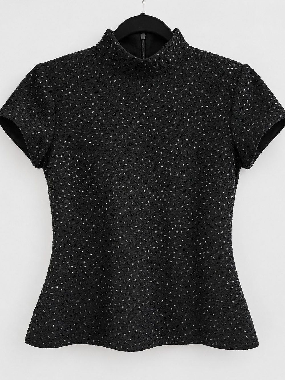 Women's Black Mock Neck Short Sleeve Embellished Crop Top